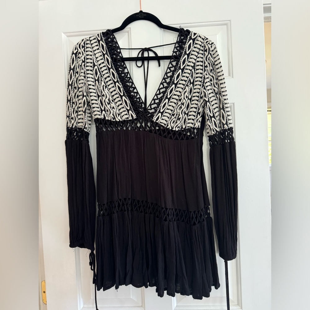 Free people baby doll black embroidered dress